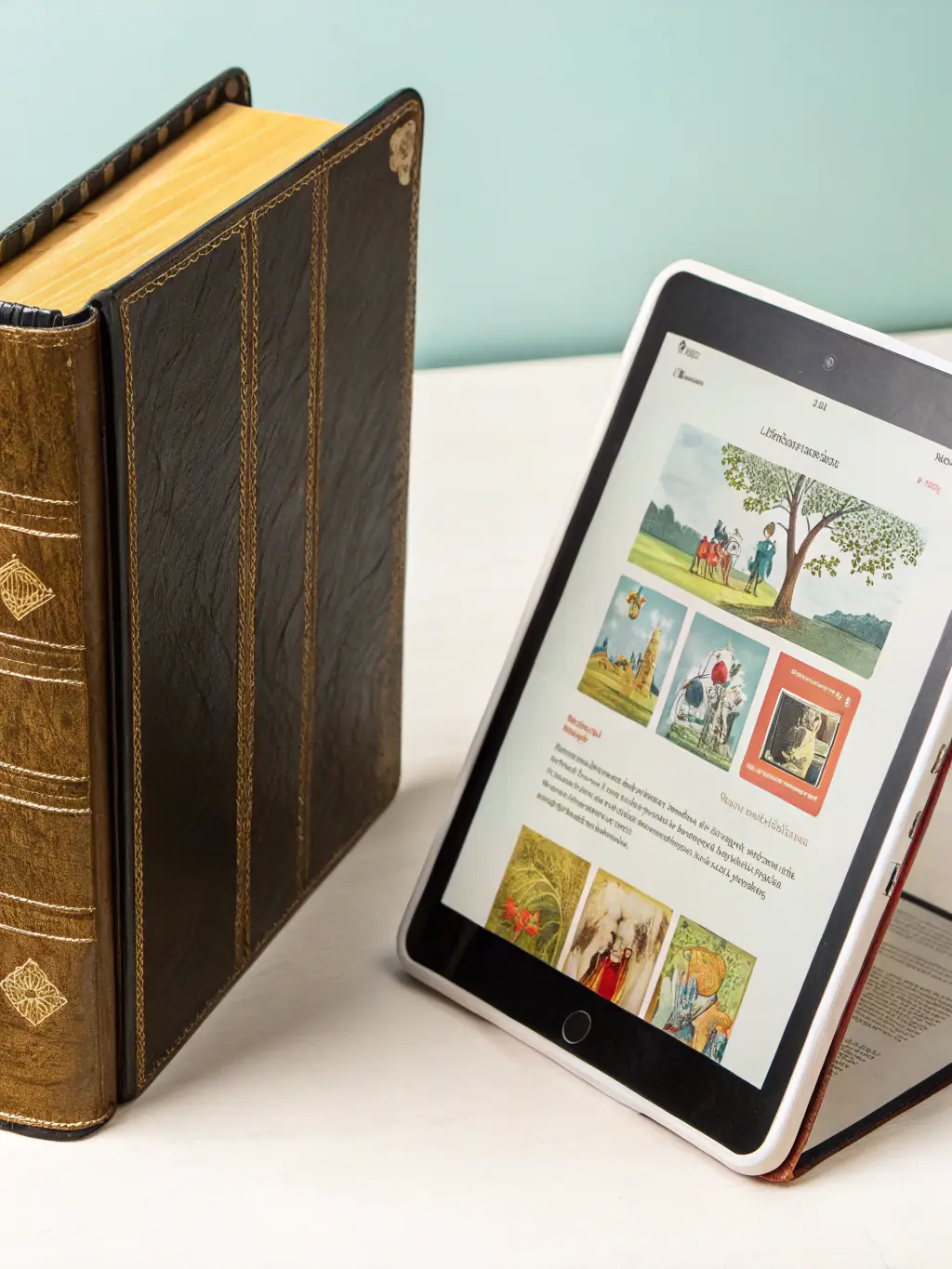 A split image showing a traditional textbook on one side and a modern digital learning platform on the other, representing Foundations Learning Group's blend of classic resources and innovative teaching methods.