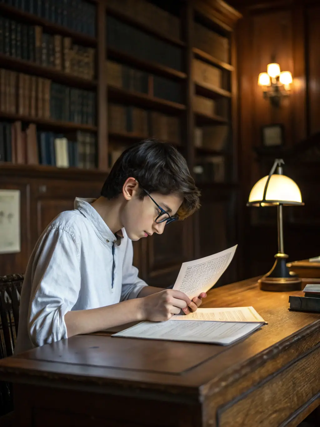 An image of a student looking thoughtfully at a historical artifact, with soft lighting and a focus on their expression of curiosity and contemplation, emphasizing the thoughtful approach to learning at Foundations Learning Group.